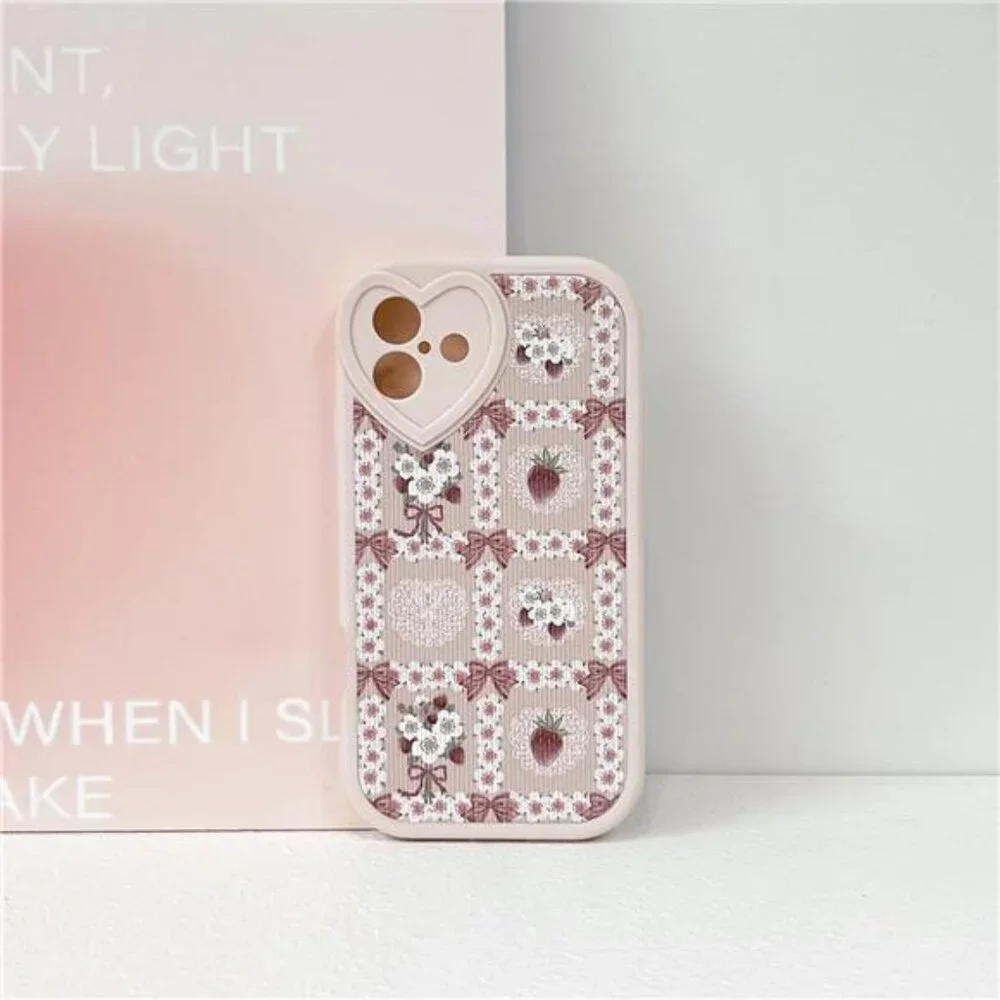 Lace Floral Strawberry Bow iPhone 16 Case Soft Pink Kawaii Shockproof - Picture 4 of 7